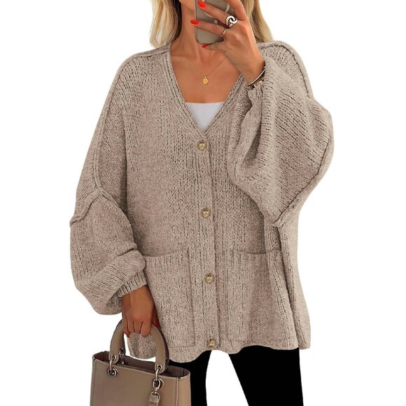 Sweaters - Oversized Chunky Knit Cardigan with Lantern Sleeves and Pockets